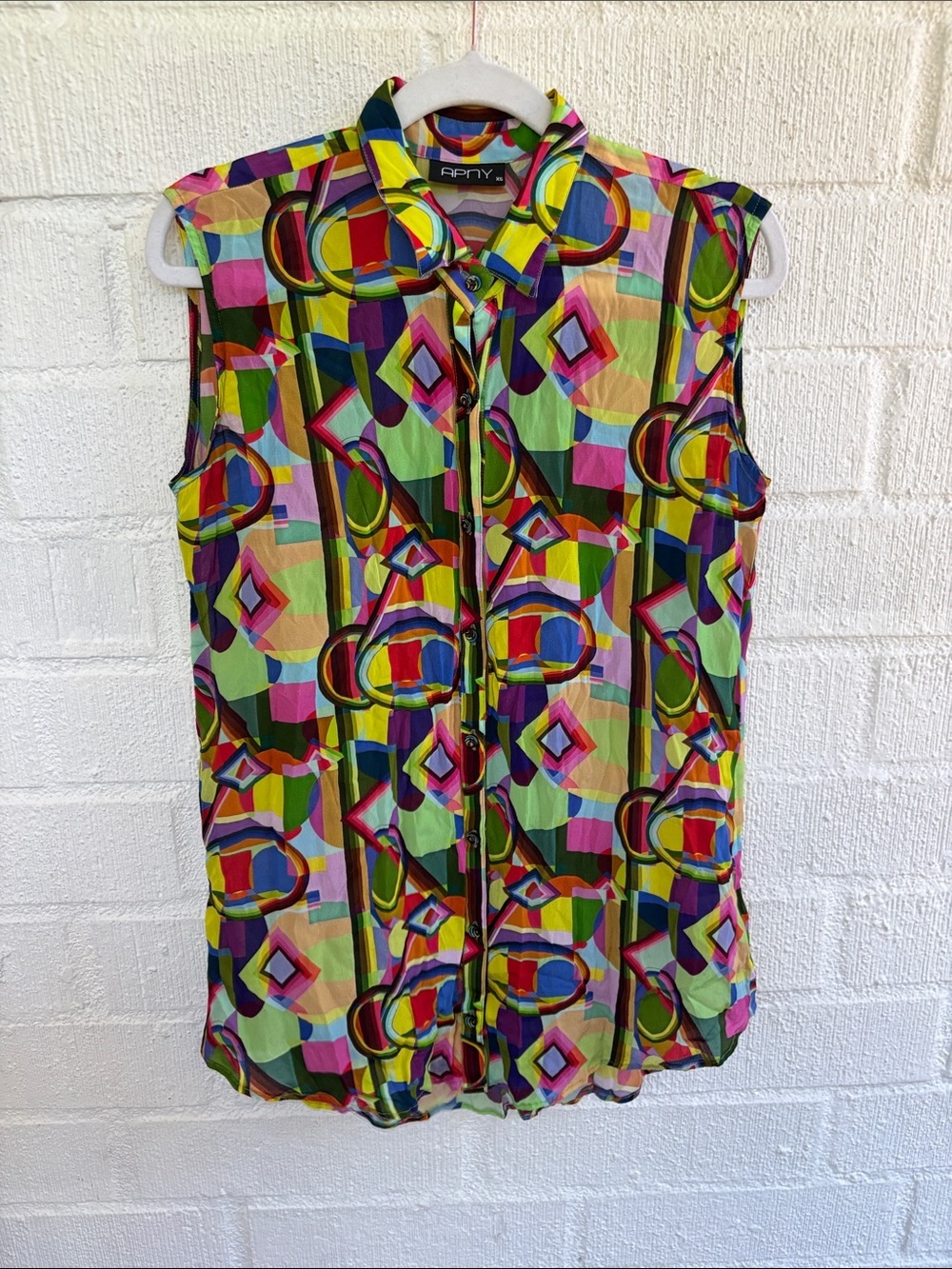 Apny Abstract Bright Multicolor Geometric Sleeveless Button-Front Blouse sz XS